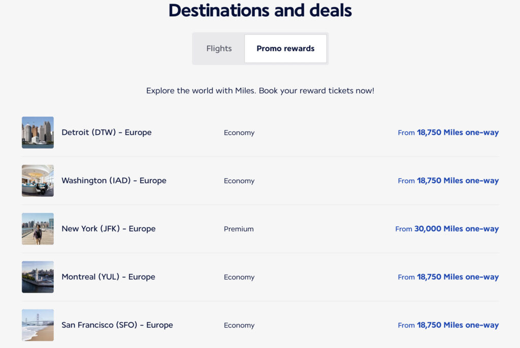 Screenshot of Monthly Flying Blue promos rewards and discounted award fares.