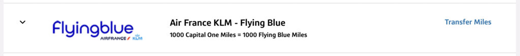 Screenshot of transfer rate from Capital One miles to Flying Blue program.